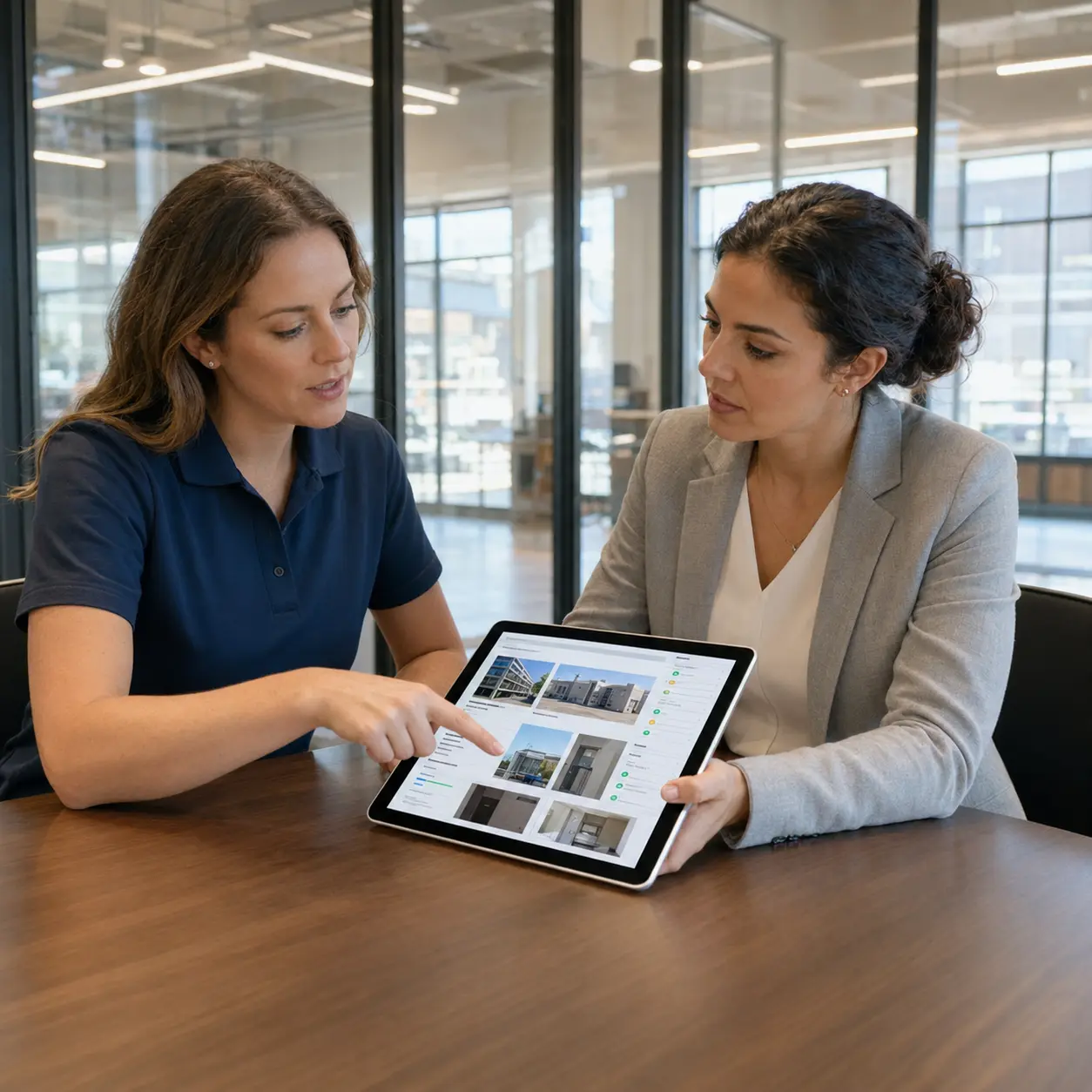 commercial-property-inspection-report-review Commercial property client reviewing an inspection report with the inspector