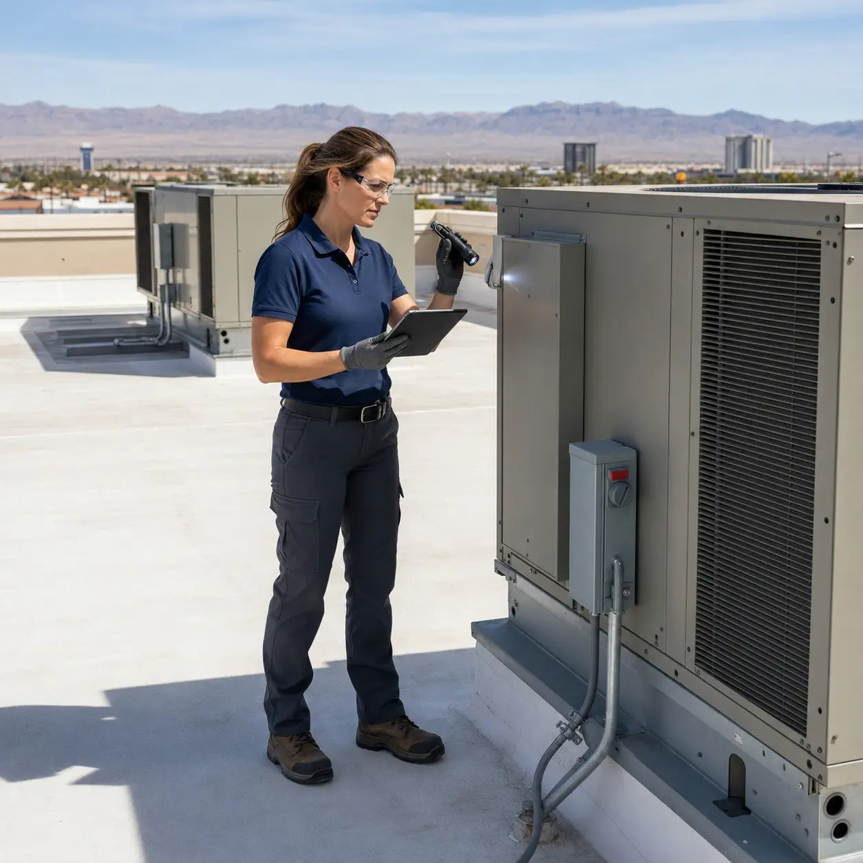 commercial-property-rooftop-hvac-inspection Commercial property inspector examining rooftop HVAC equipment in Las Vegas