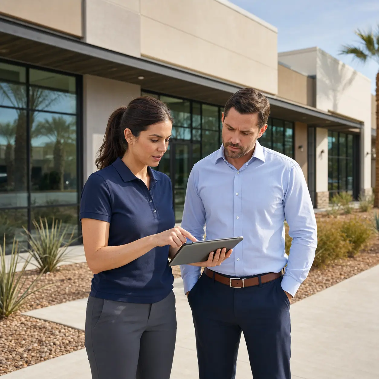 request-commercial-property-inspection Commercial client discussing property details with a property inspector