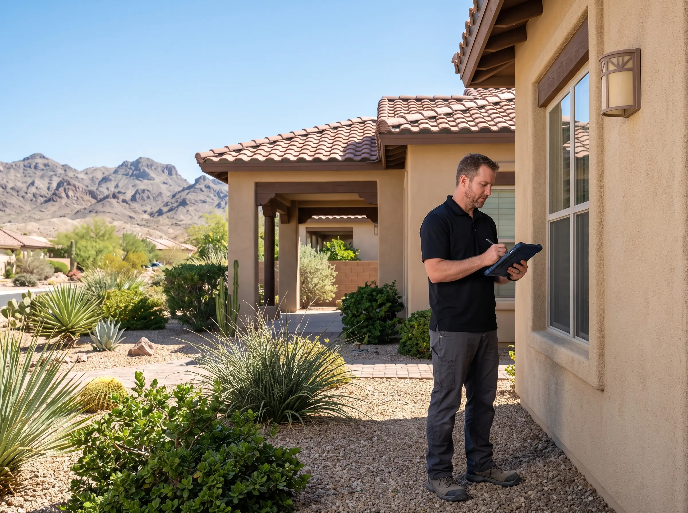 Home inspector examining the exterior of a Laughlin, Nevada residence