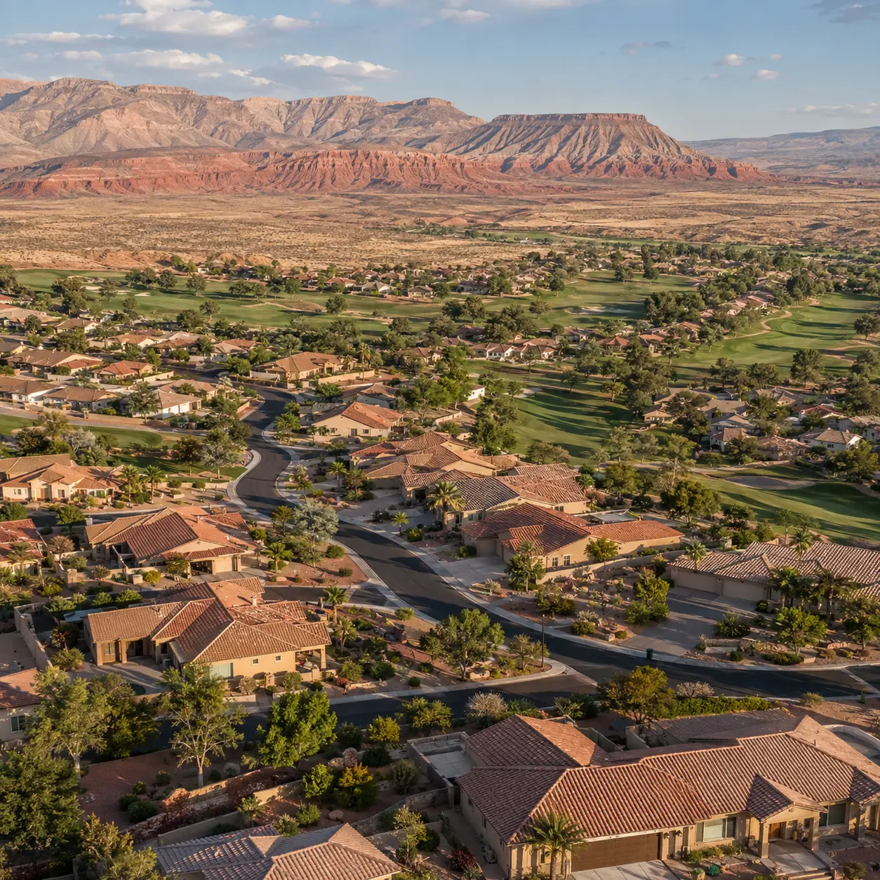 Aerial view of residential neighborhoods and desert mesas in Mesquite, Nevada