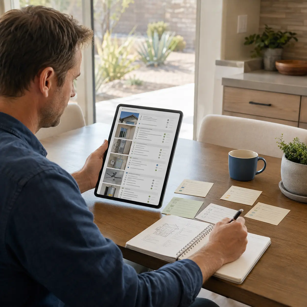 review-home-maintenance-inspection-report Homeowner reviewing a maintenance inspection report and planning repairs